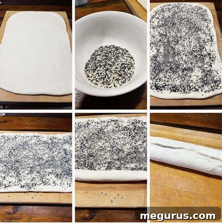 Photo collage showing the dough rolled into a rectangle and sprinkled with Everything Mix.