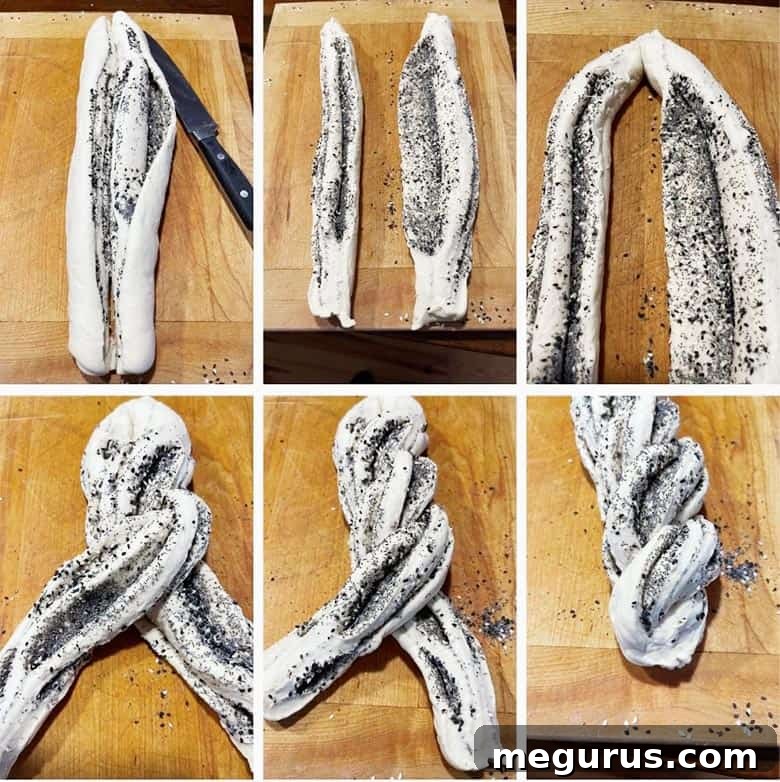 Photo collage showing the dough rolled into a log and cut down the middle.