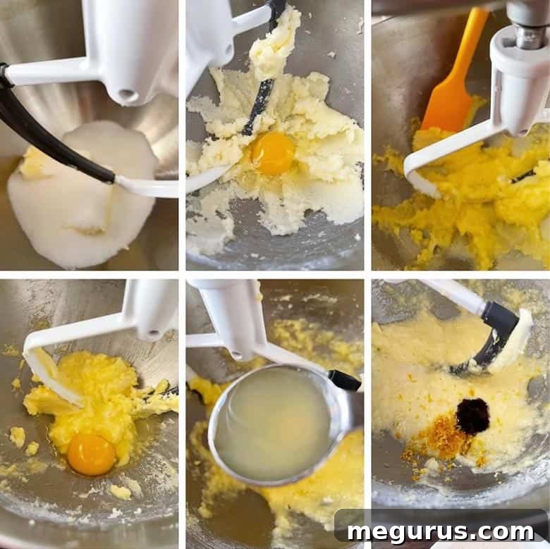 Photo collage showing initial steps of making lemon blondies: creaming butter and sugar, adding eggs and lemon