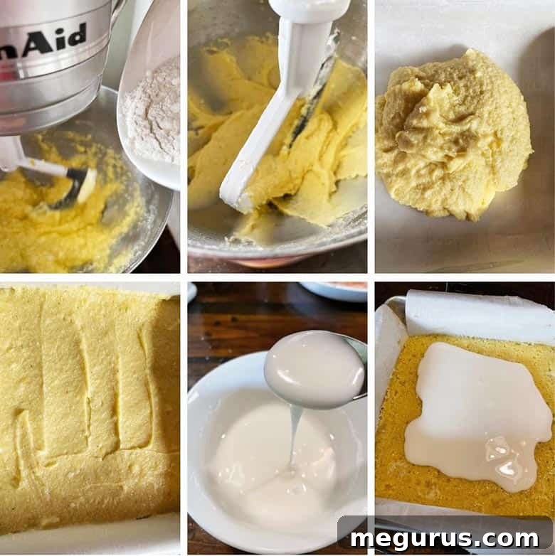 Photo collage showing final steps of making lemon blondies: mixing in flour, spreading batter, and the finished glazed blondies