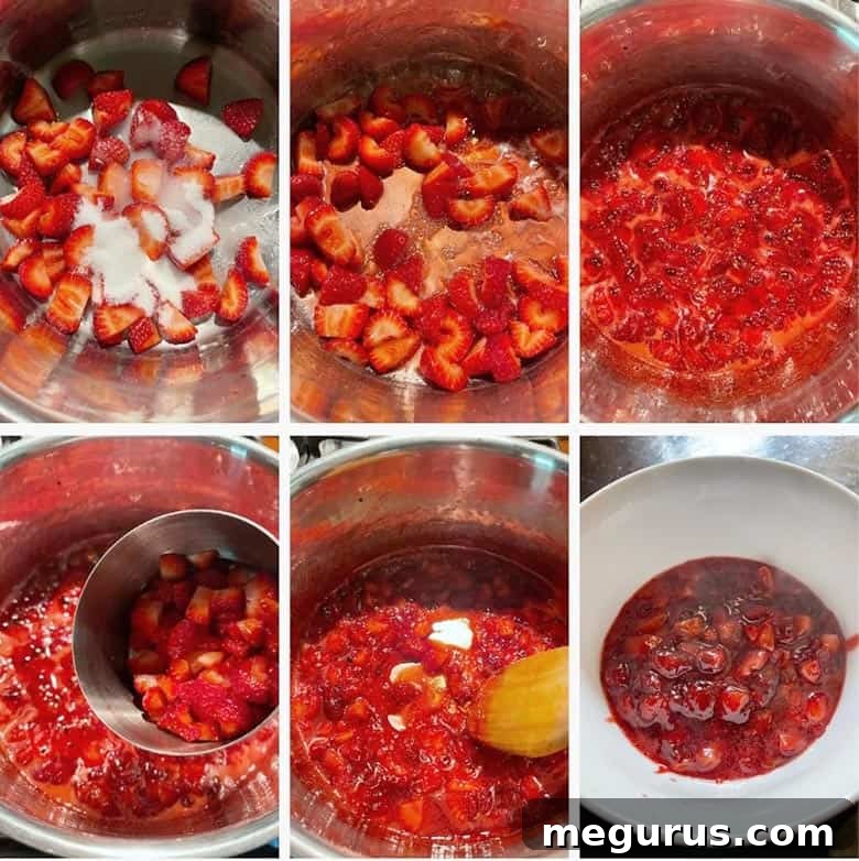 Photo collage showing the first step of making strawberry white chocolate blondies, focusing on strawberry compote preparation.