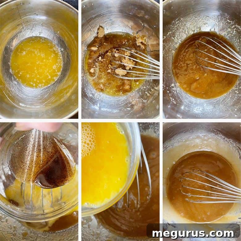 Photo collage showing the second step of making strawberry white chocolate blondies, illustrating the mixing of the blondie batter.