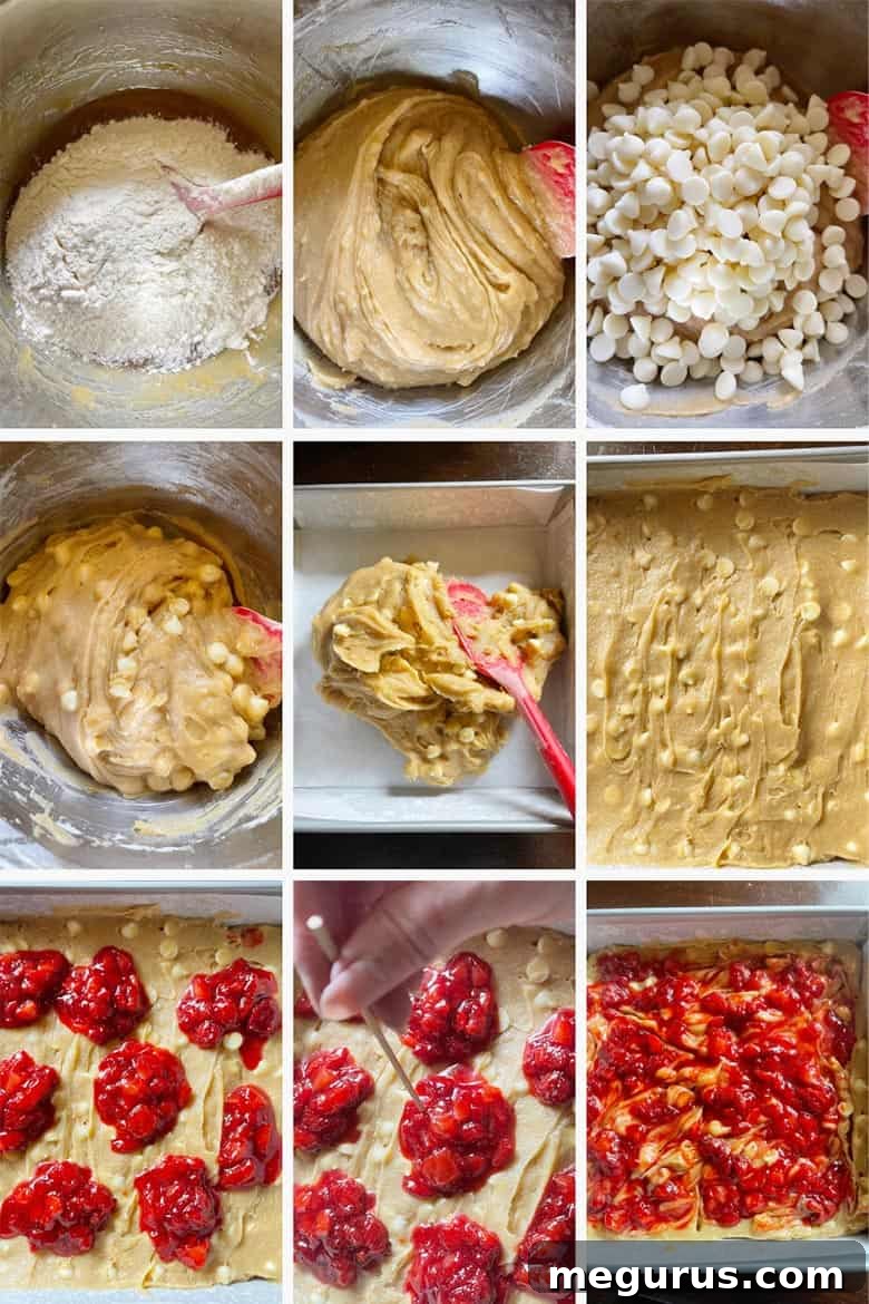 Photo collage showing the third step of making strawberry white chocolate blondies, detailing the assembly and marbling process before baking.