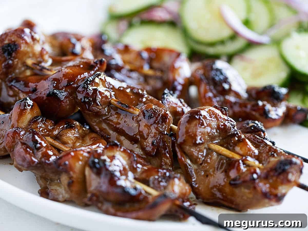 Yakitori chicken skewers on plate with a fresh Asian cucumber salad