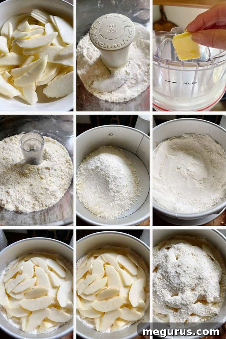 Photo collage showing the first steps of making creamy apple crumble cake: mixing crust ingredients, pressing crust into pan, adding apple slices, and sprinkling remaining crust mixture before baking.