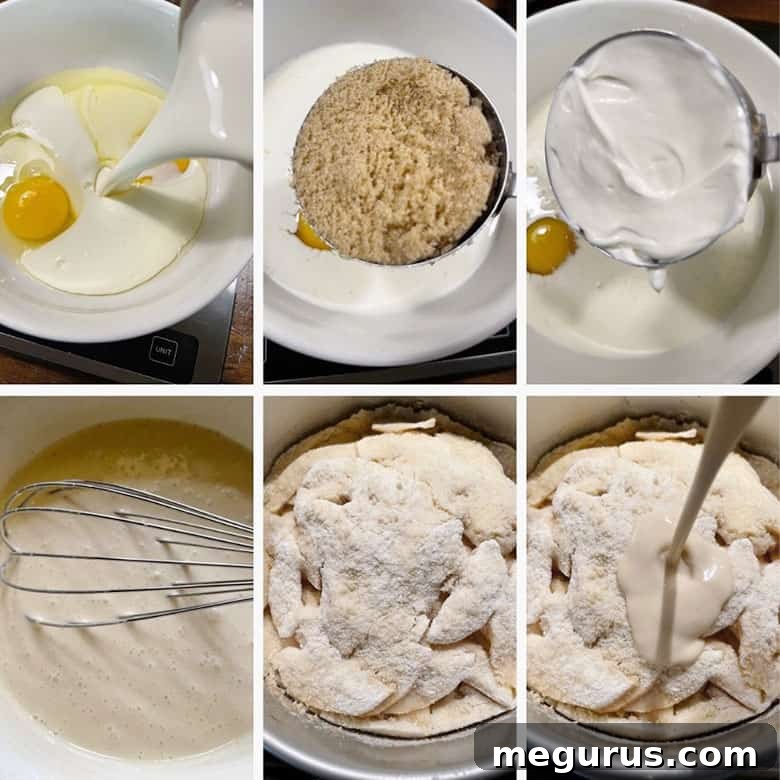 Photo collage showing the second step of making creamy apple crumble cake: whisking the creamy filling ingredients and pouring the mixture over the partially baked apple and crust base.