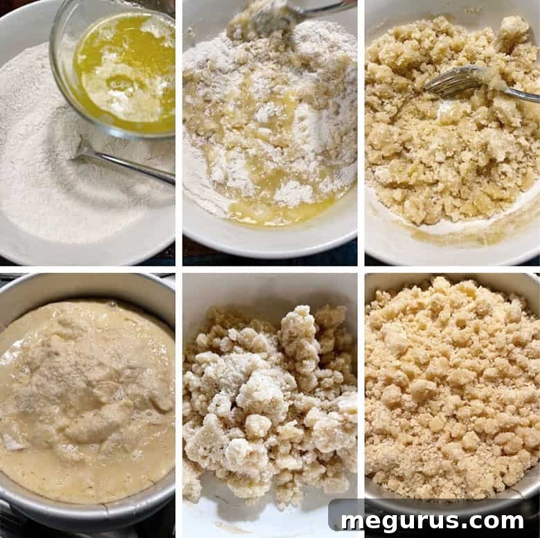 Photo collage showing the final steps of making creamy apple crumble cake: preparing the crumble topping, scattering it over the partially set filling, and the finished golden-brown cake.