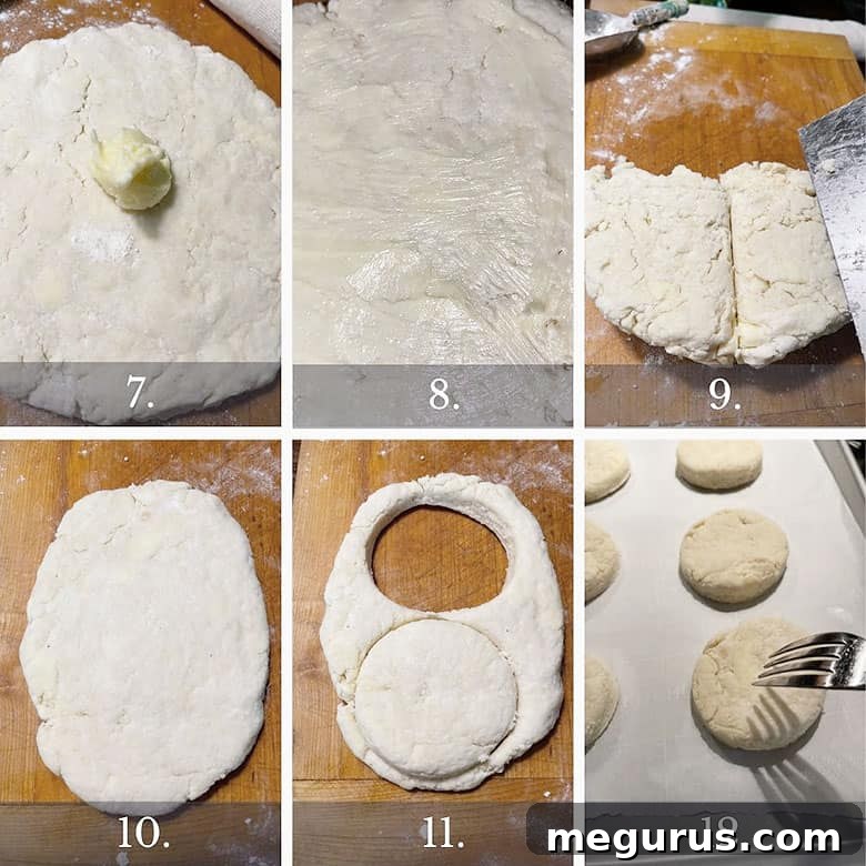 Step-by-step photos for making old-fashioned strawberry shortcake: spreading butter, folding dough, cutting rounds, pricking, and ready for baking.
