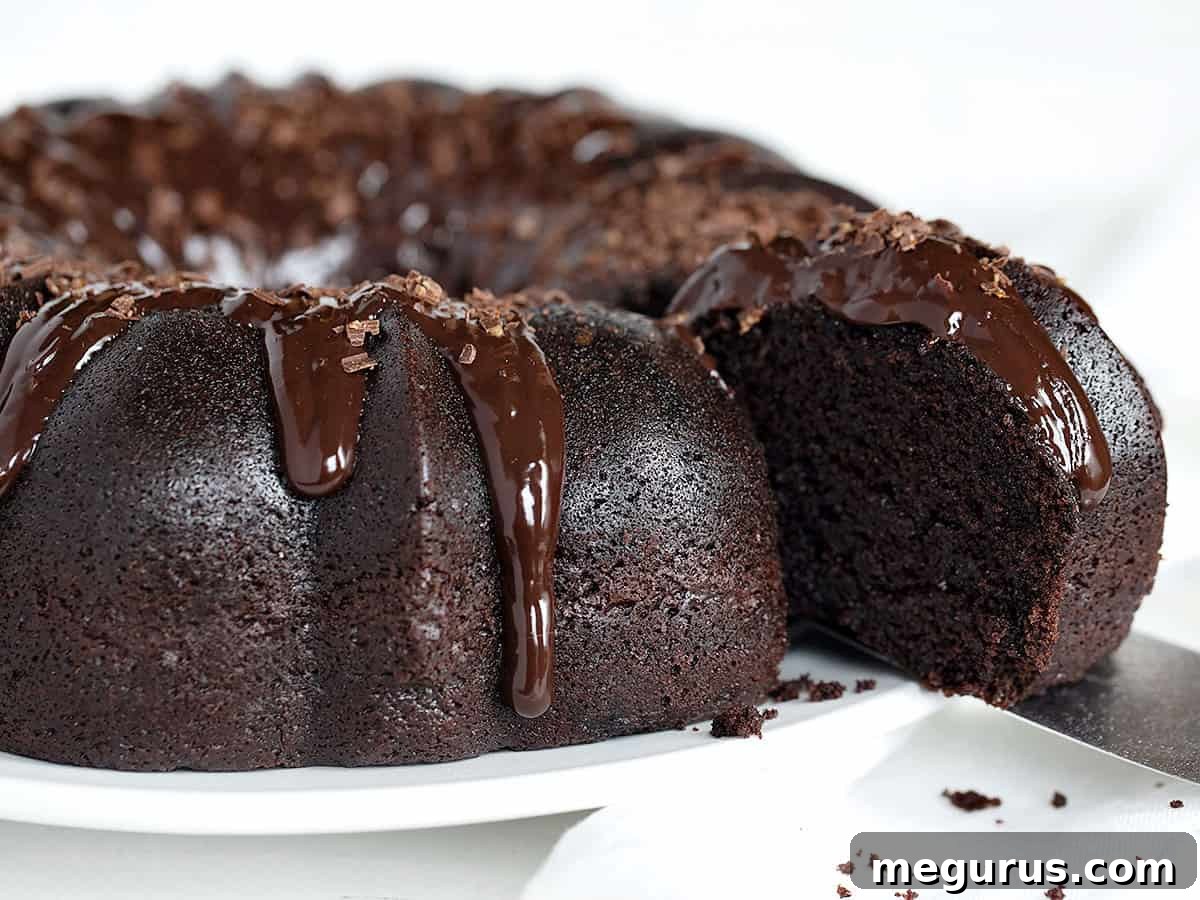 A slice of Nana's moist chocolate cake with a rich crumb, ready to be enjoyed.