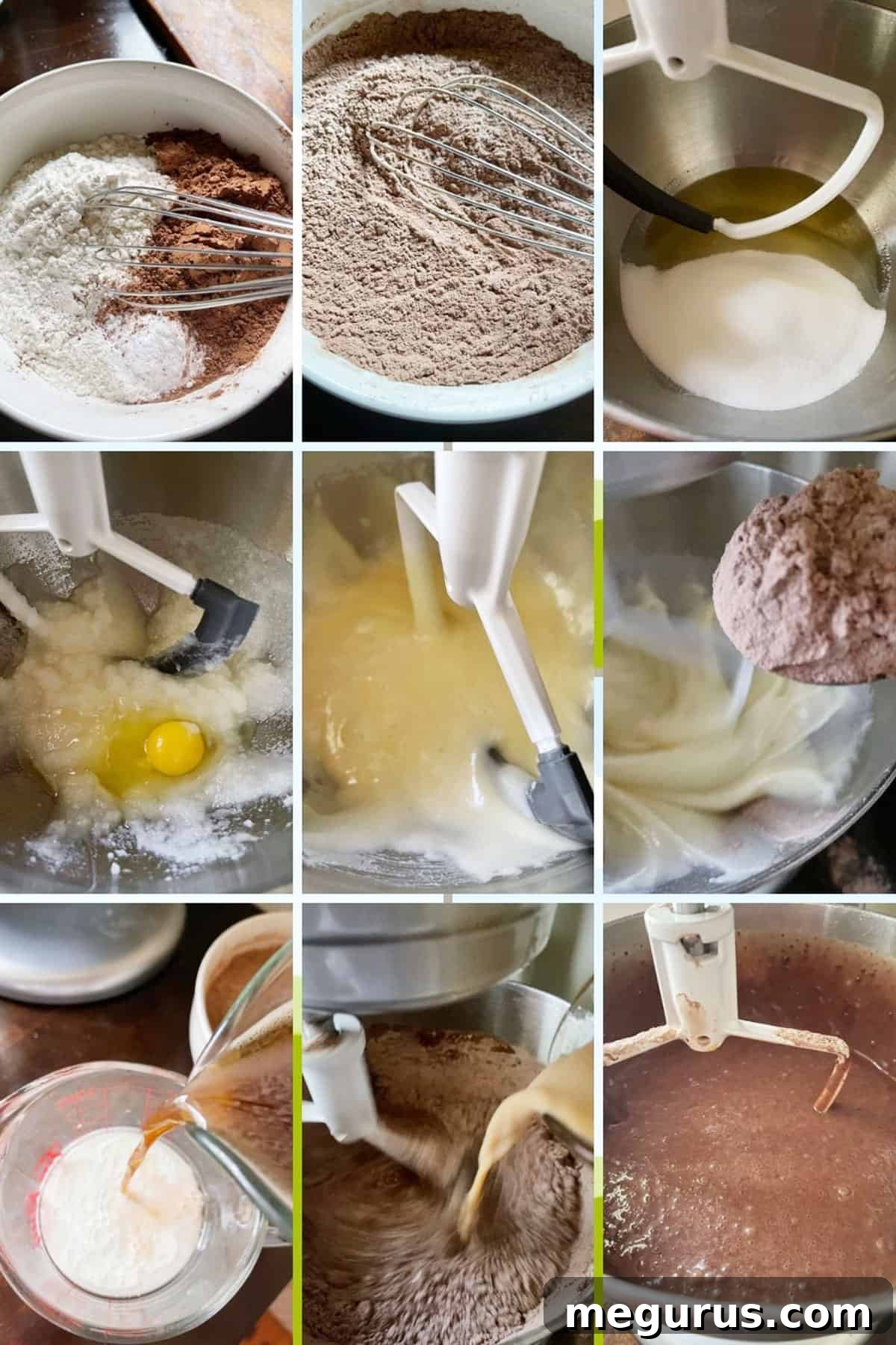 Collage of initial steps for making Nana's Chocolate Cake, showing dry ingredients and wet ingredients being mixed.