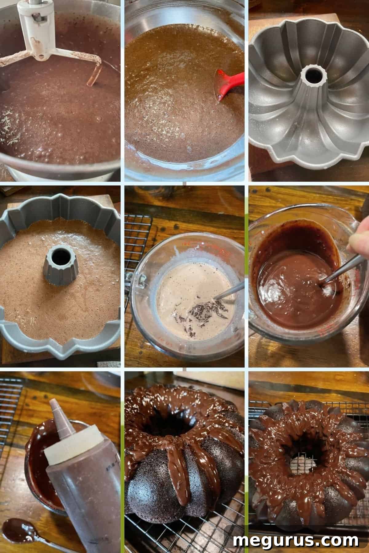 Collage of final mixing and pouring steps for Nana's Chocolate Cake.