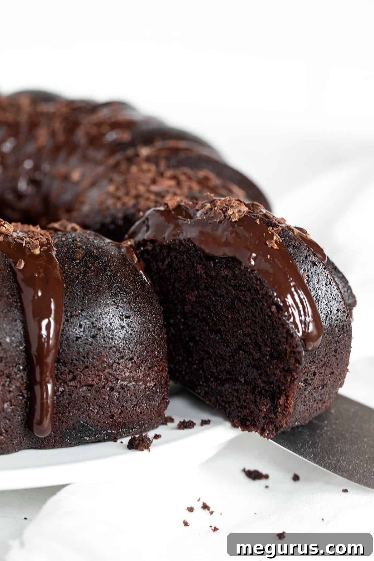 Nana's chocolate cake sliced, showing the rich dark crumb and a ganache topping.