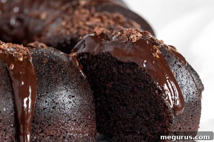 A beautifully sliced Nana's chocolate cake with a rich ganache topping.