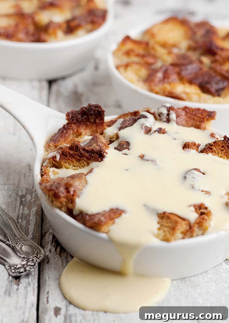 Close-up of baked Cinnamon Bread Pudding before adding Crème Anglaise
