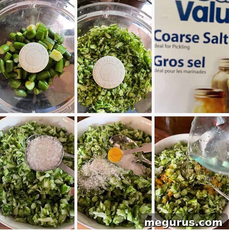 Photo collage of steps to make dill pickle relish 1