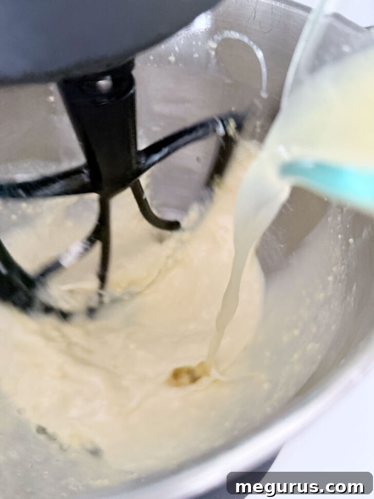 Adding freshly squeezed lemon juice to the batter in the mixing bowl, enhancing its citrus flavor.
