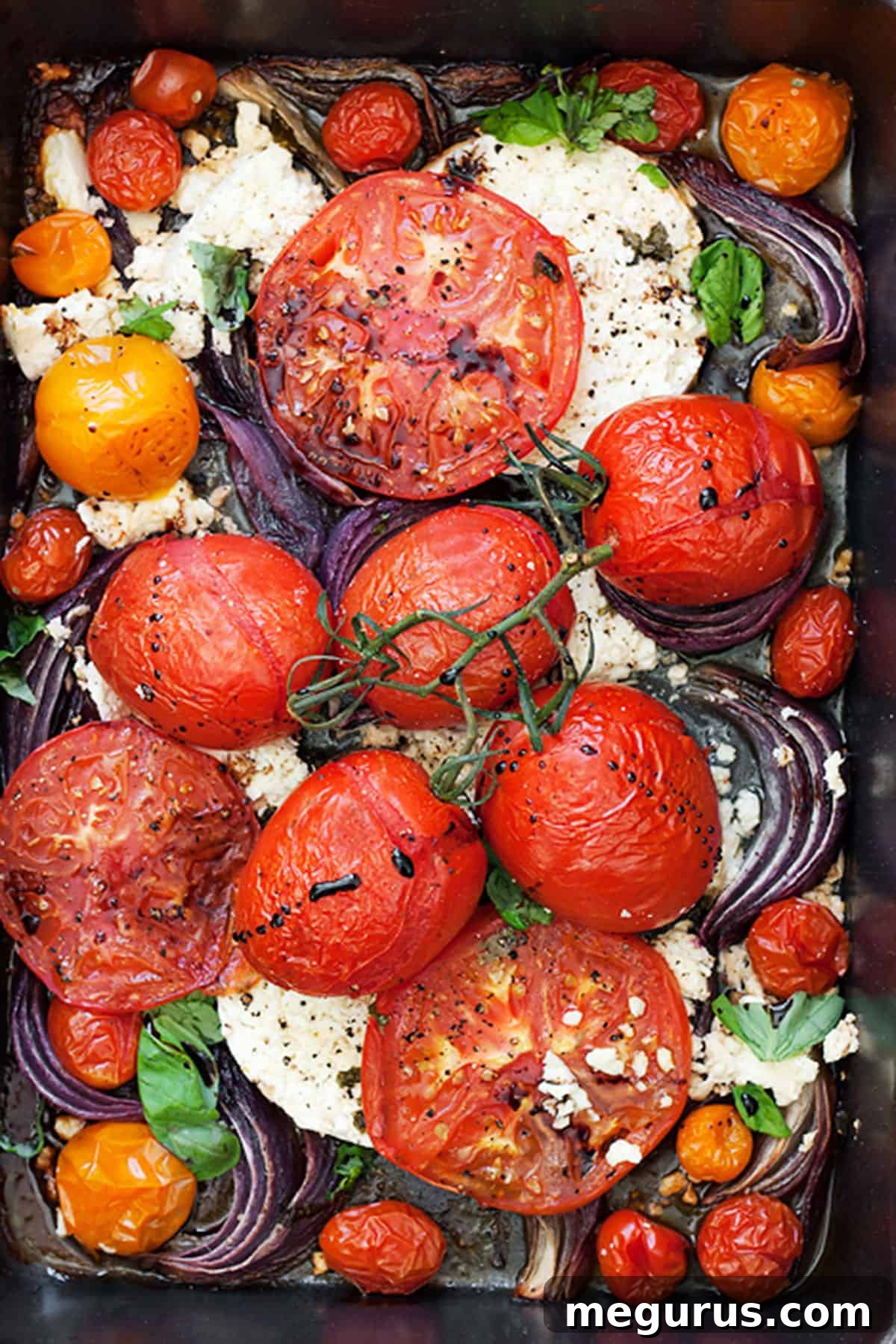 Close-up of a serving of roasted tomatoes and feta with balsamic glaze and fresh basil.