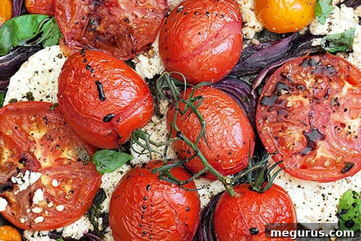 Roasted Tomatoes and Feta in roasting pan, ready to serve.