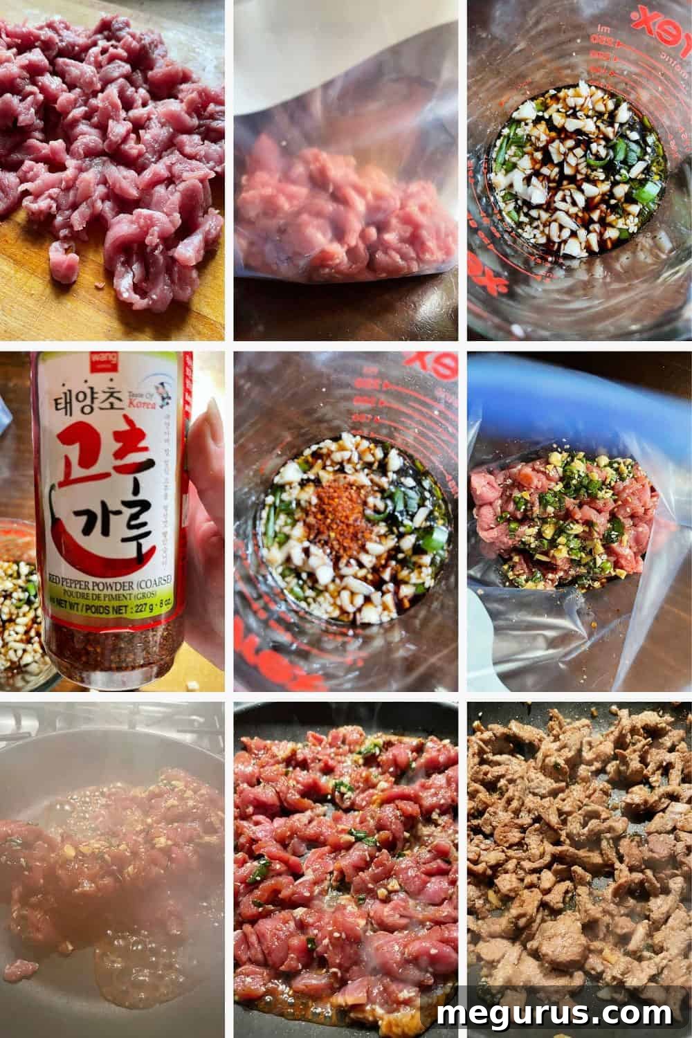 A photo collage illustrating the various steps involved in preparing Korean pork bulgogi, from slicing the meat to marinating and cooking in a skillet.