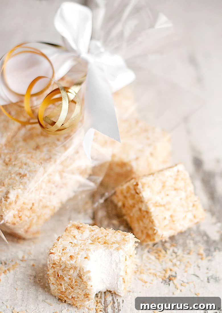 Close-up of toasted coconut marshmallows in clear gift bags, showcasing their texture