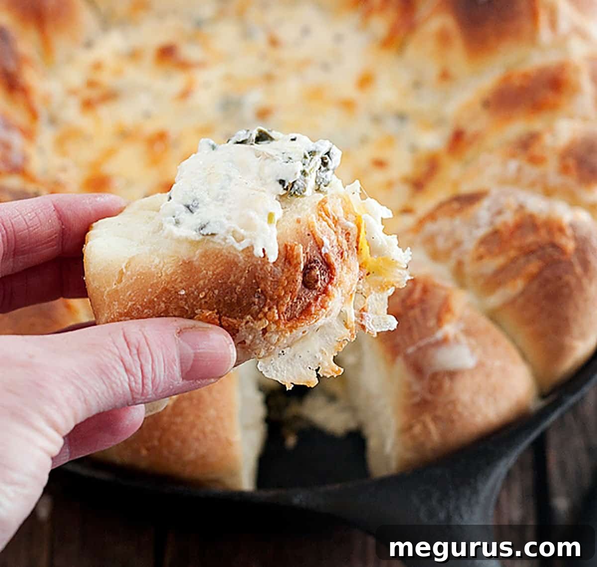 Warm Skillet Artichoke Spinach Dip with Golden Bread Rolls