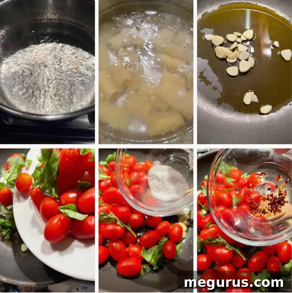Step-by-step photos of pasta alla sorrentina sauce preparation