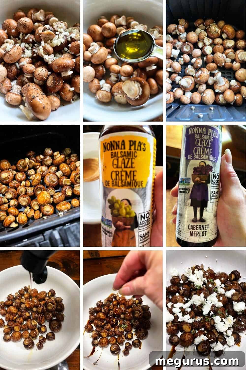 Photo collage showing steps to clean, season, and air fry mushrooms, then glaze and serve.