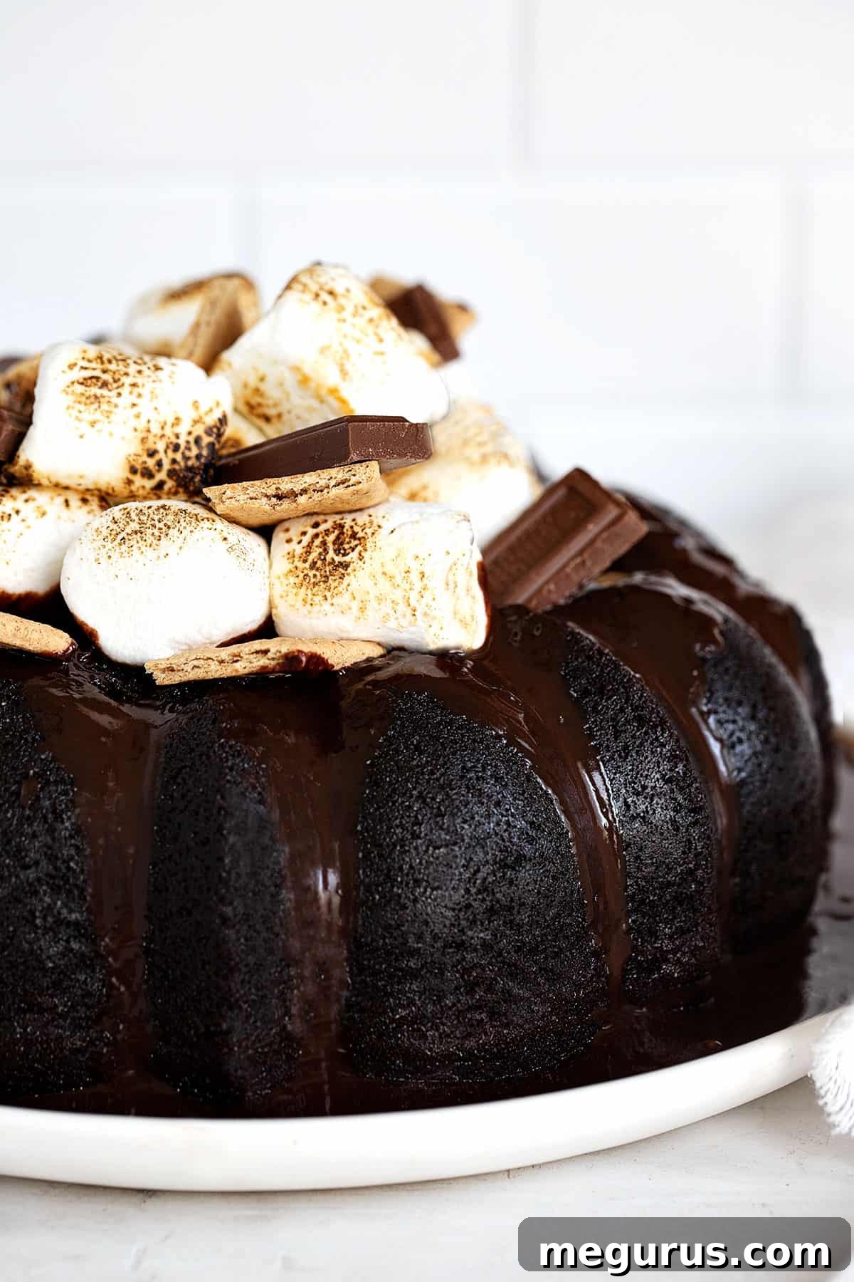 s'mores bundt cake topped with marshmallows