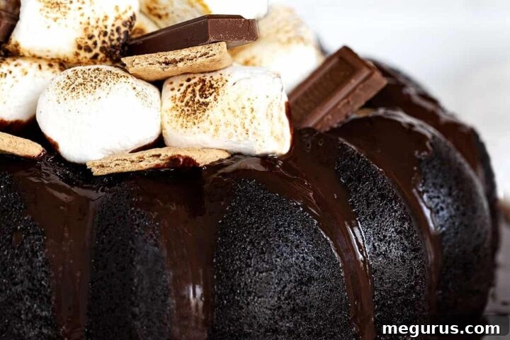 s'mores bundt cake topped with marshmallows