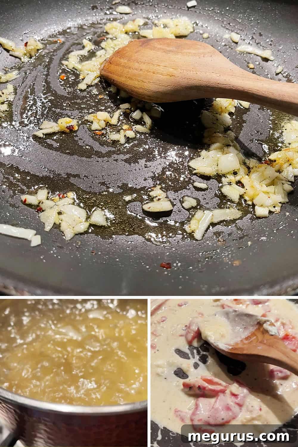 Photo collage of the initial steps to make creamy roasted red pepper pasta, including boiling pasta and sautéing aromatics