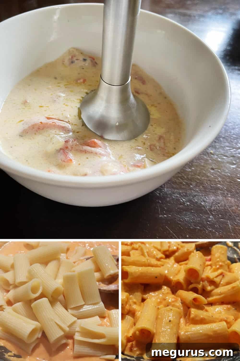 Photo collage of the final steps to make creamy roasted red pepper pasta, including pureeing the sauce and combining with pasta