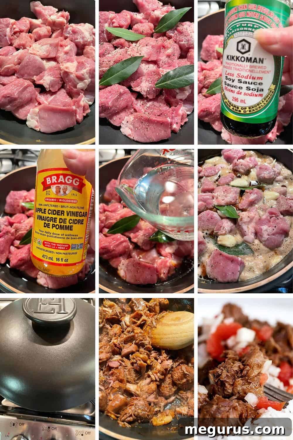 photo collage of steps to make pork adobo