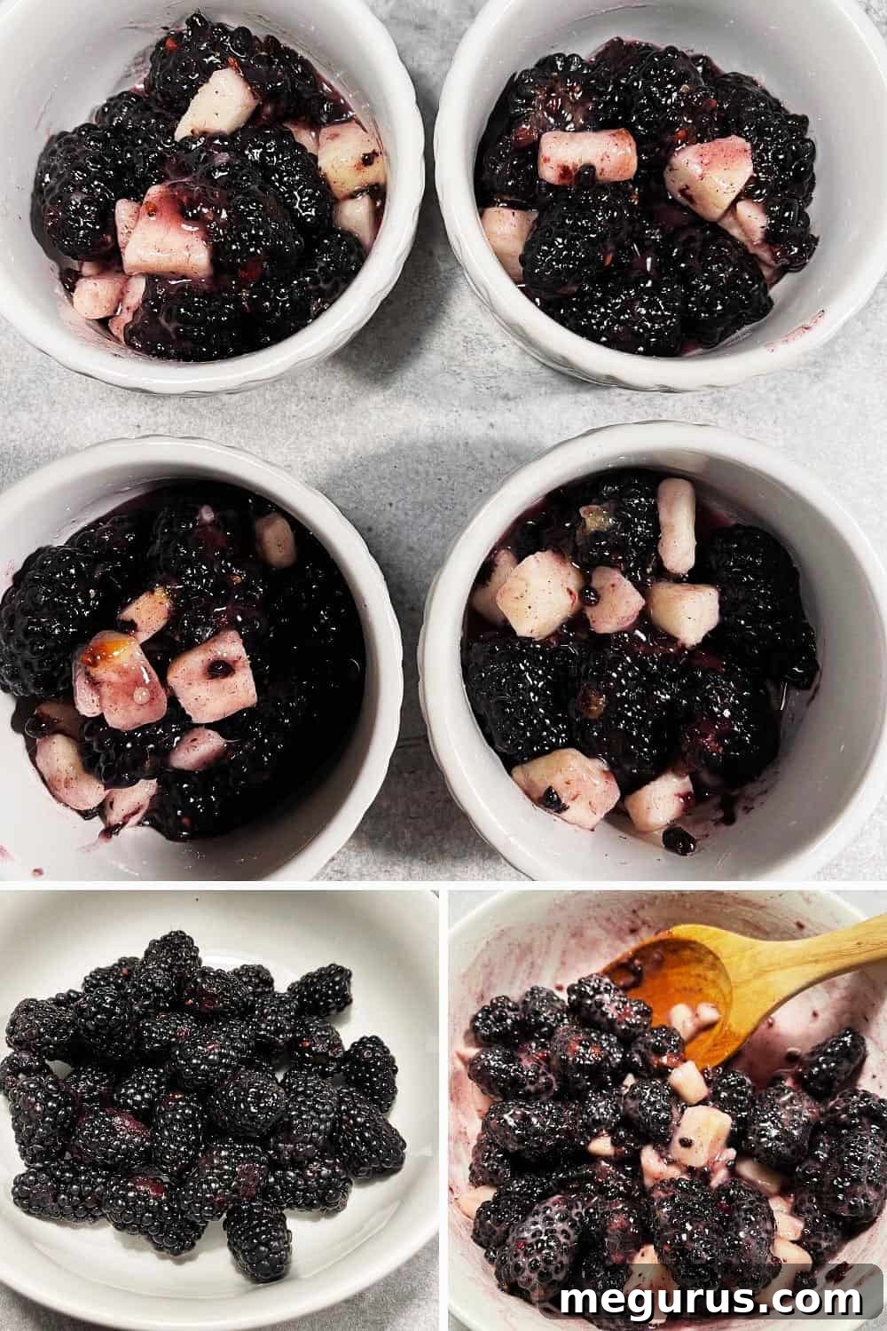 Photo collage illustrating the initial steps of making blackberry cobbler, including mixing the fruit filling.