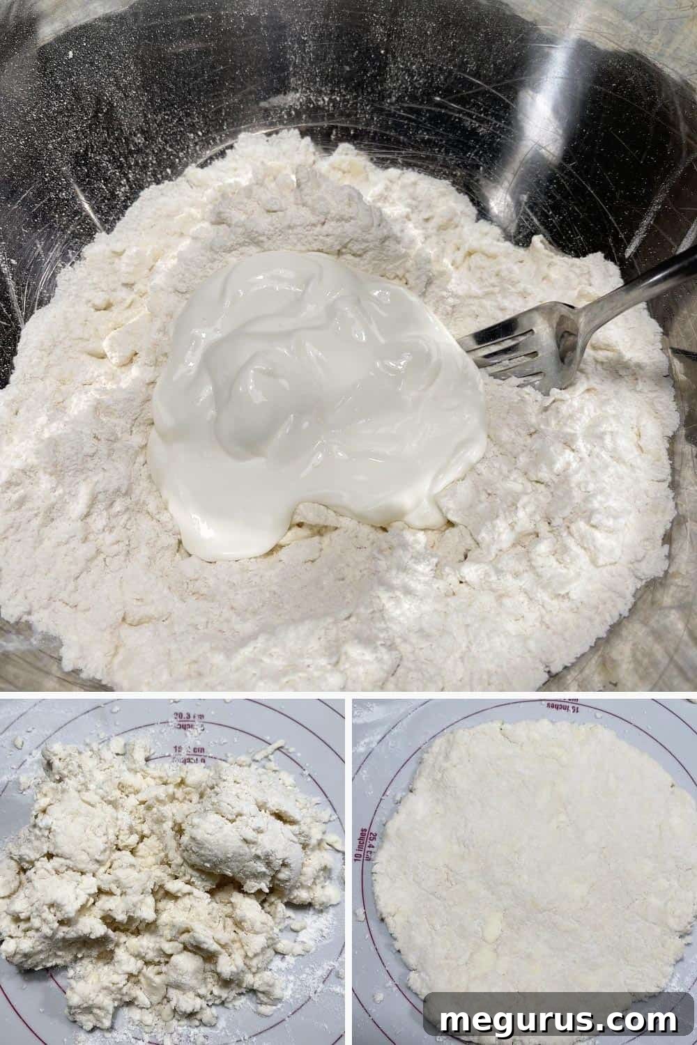 Photo collage showing the steps for preparing the cobbler dough, from mixing to rolling and cutting.