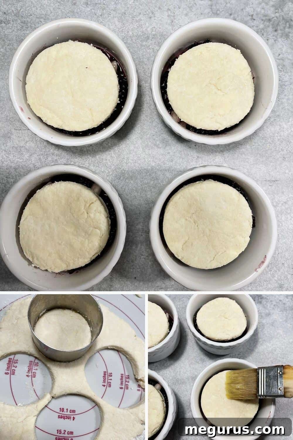 Photo of a single blackberry pear cobbler in a ramekin, ready for baking.