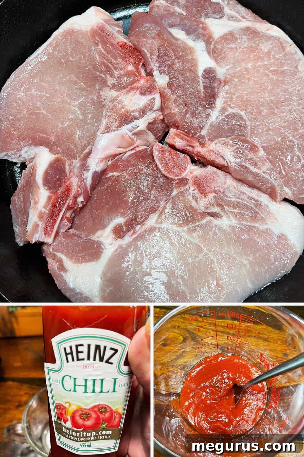 photo collage showing step 1: seasoning pork chops and mixing the sauce