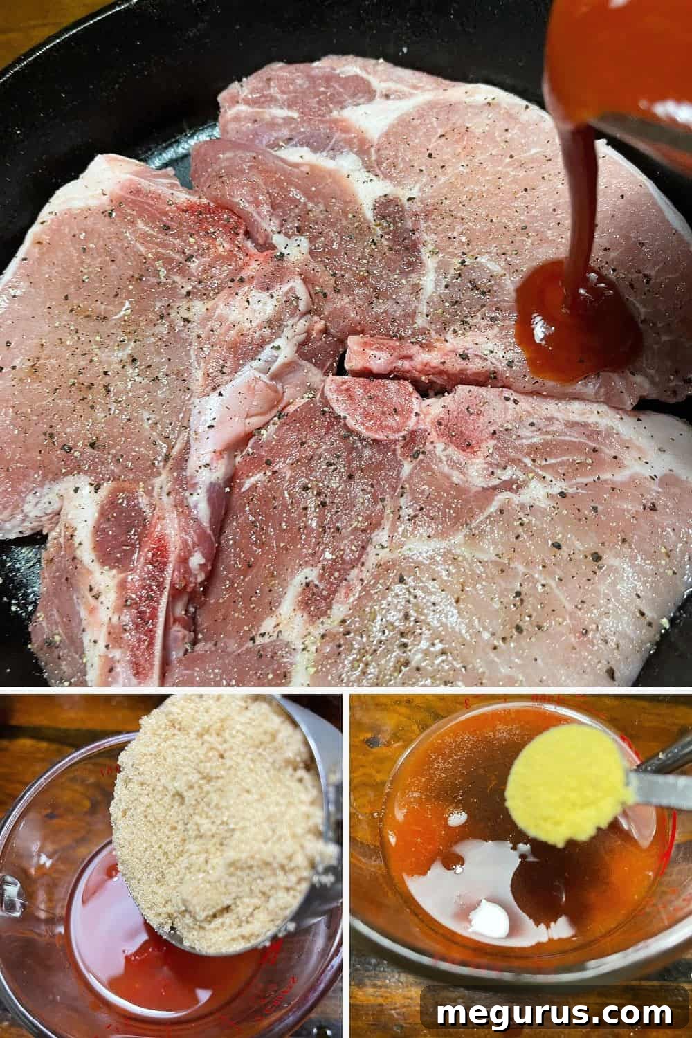photo collage showing step 2: pouring sauce over pork chops and baking