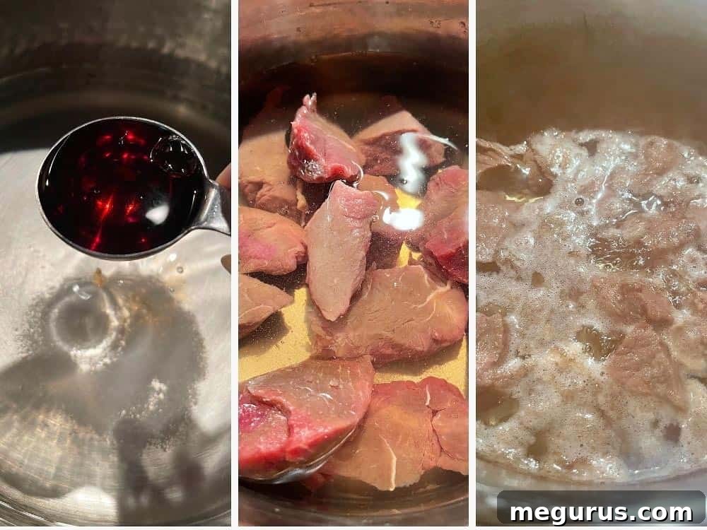 Photo collage showing the first step of making beef and barley soup: simmering beef with vinegar and salt.