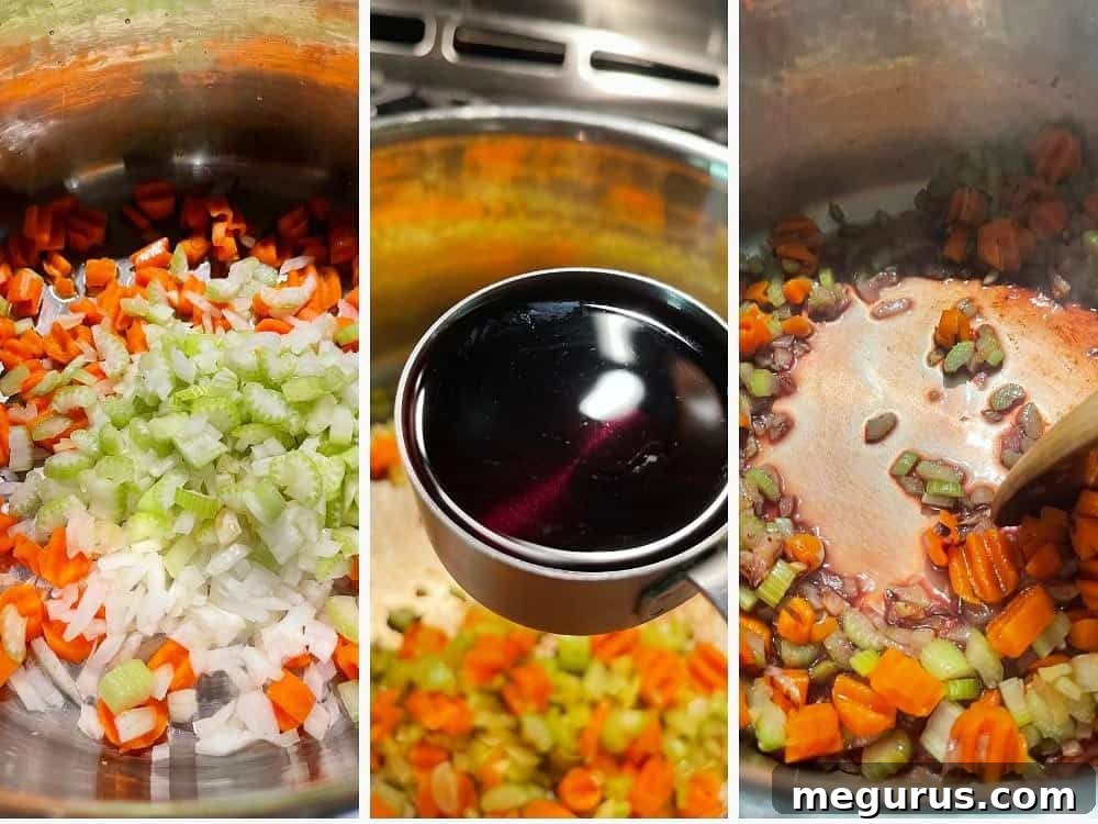 Photo collage showing the second step of making beef and barley soup: sautéing vegetables and deglazing with red wine.