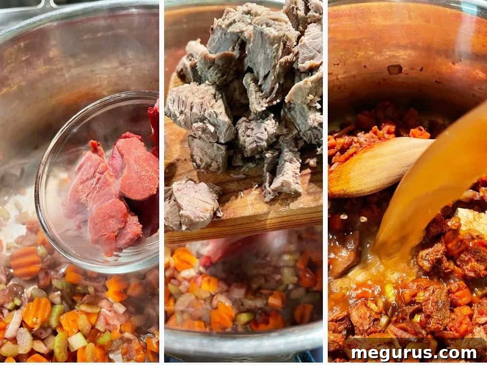 Photo collage showing the third step of making beef and barley soup: adding tomato paste and cooked beef to the sautéed vegetables.