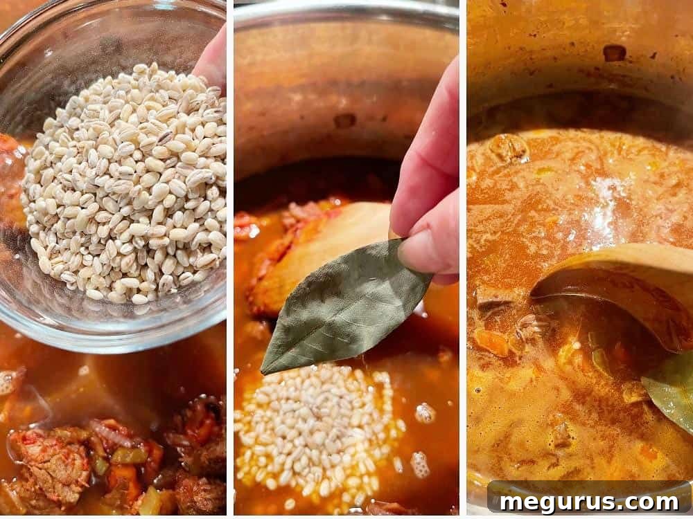 Photo collage showing the fourth step of making beef and barley soup: adding pearl barley and bay leaf, then simmering.