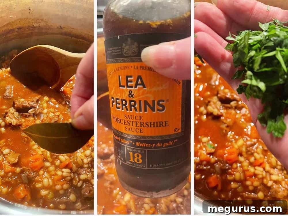 Photo collage showing the fifth step of making beef and barley soup: finishing with Worcestershire sauce and parsley.