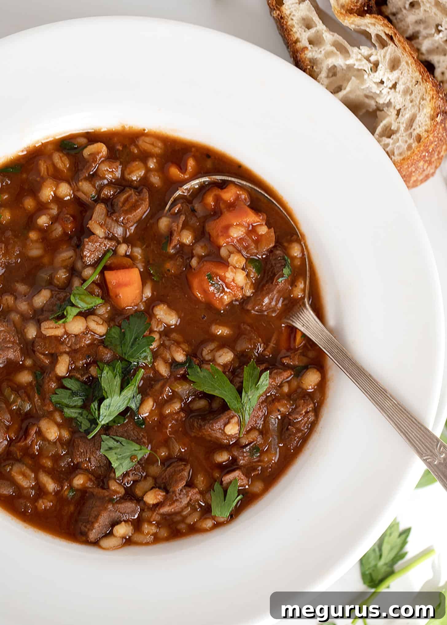 Close-up of hearty beef and barley soup in a white bowl, showcasing tender beef, plump barley, and vibrant vegetables.