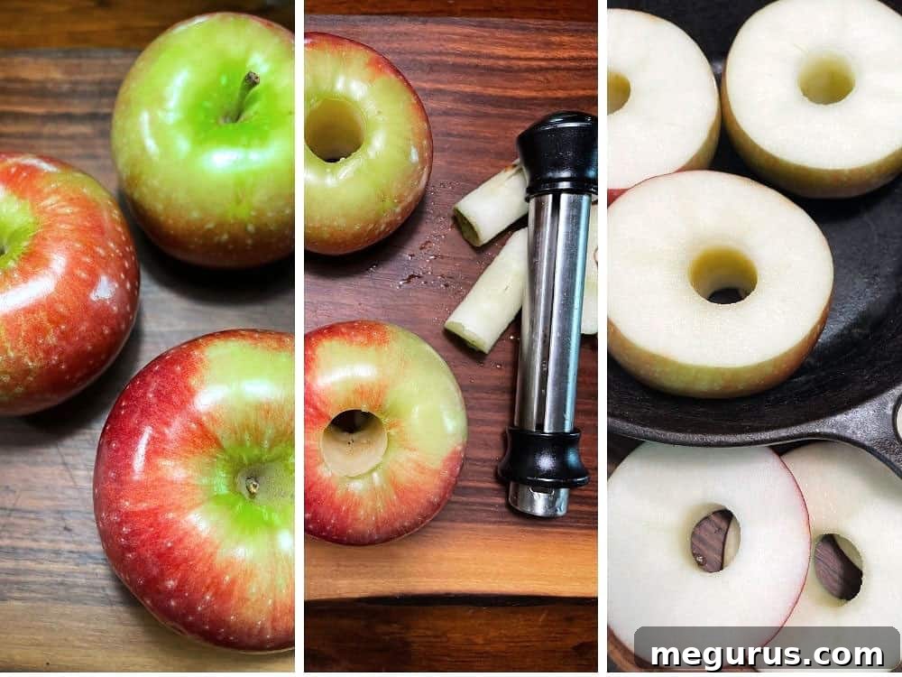 Step-by-step photo showing cored apples prepared for baking in a dish.