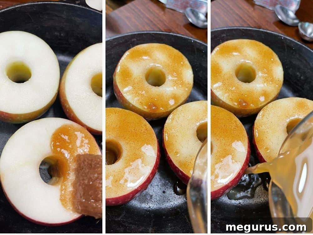 Step-by-step photo showing butter, sugar, and cinnamon paste being brushed onto apples.