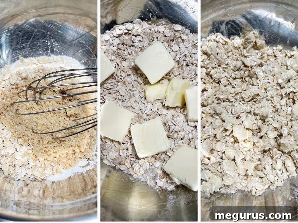 Step-by-step photo showing the oatmeal crumble mixture being prepared in a bowl.