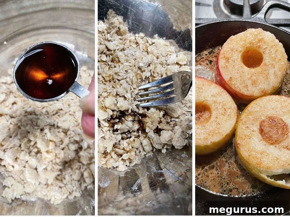 Step-by-step photo showing the oatmeal crumble mixture being pressed to ensure even moisture.