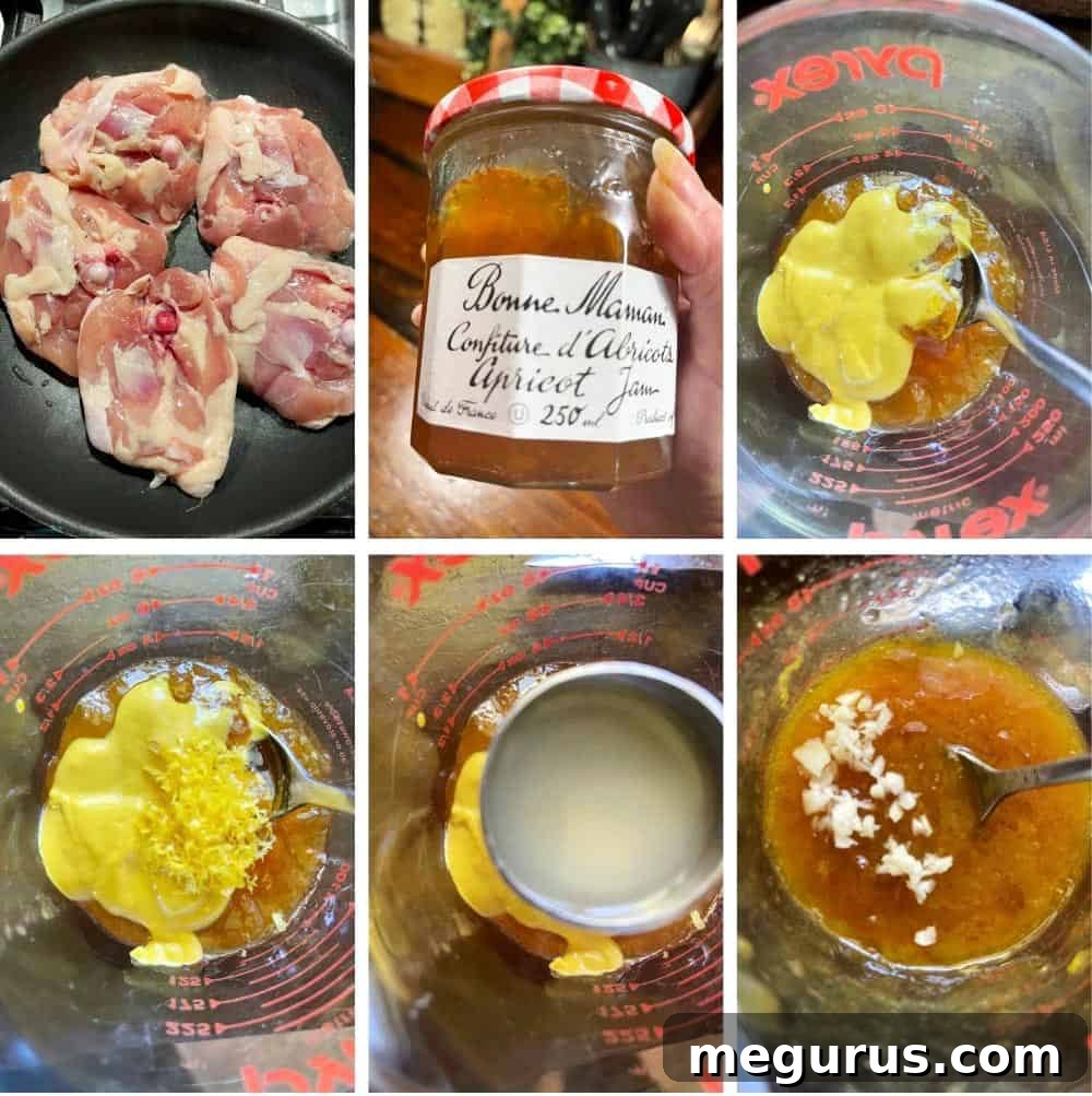 Photo collage showing steps of searing chicken thighs and mixing the glaze ingredients.