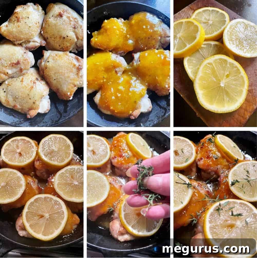 Photo collage showing steps of flipping chicken, adding glaze, and baking with lemon slices.
