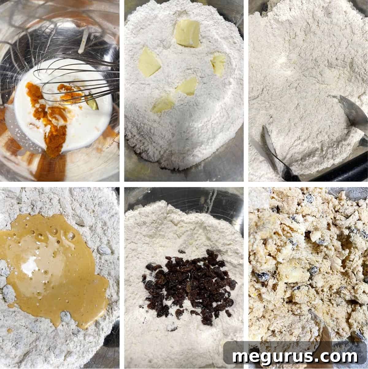 Photo collage showing the first steps of mixing dry ingredients and cutting in butter for pumpkin scones.